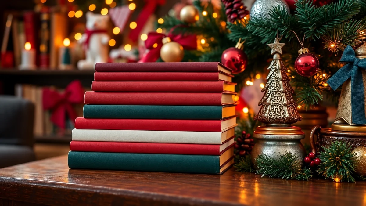 Pile de livres aux couvertures unies près de décorations de Noël