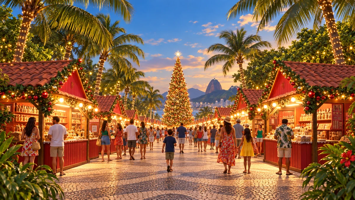 Illustration de visiteurs dans un marché de Noël bordé de palmiers