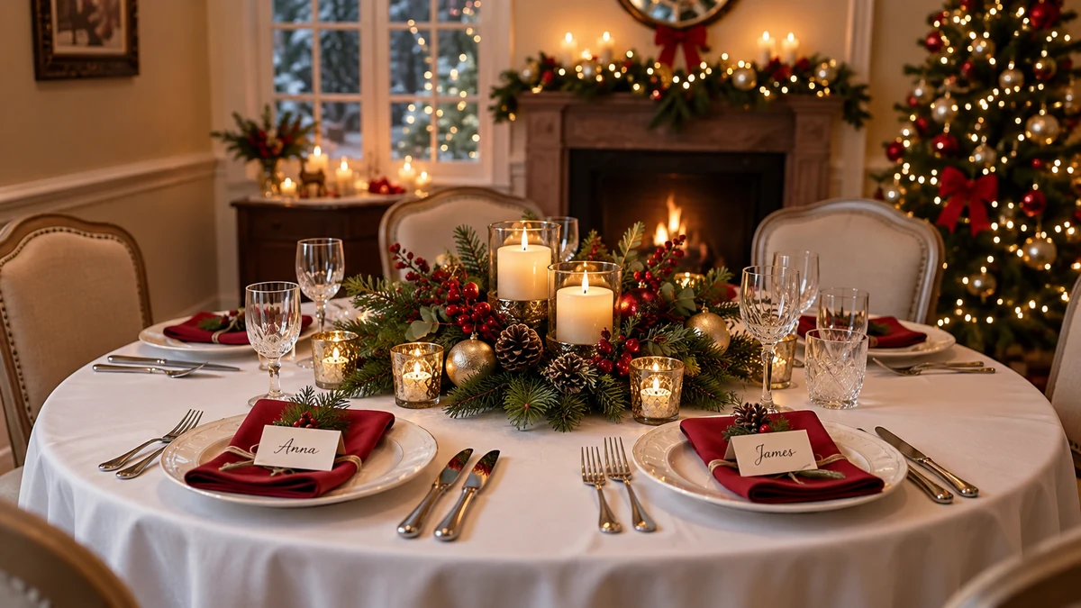 Marque-places prénom sur une table de Noël avec serviettes rouges