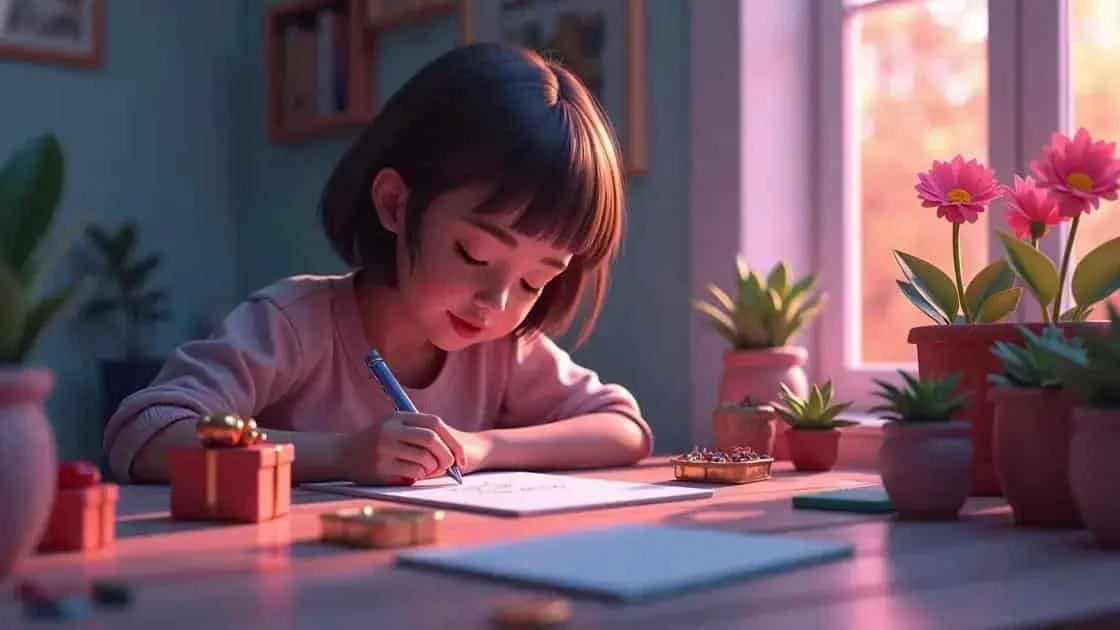 Illustration d’un enfant écrivant à une table près d’une fenêtre