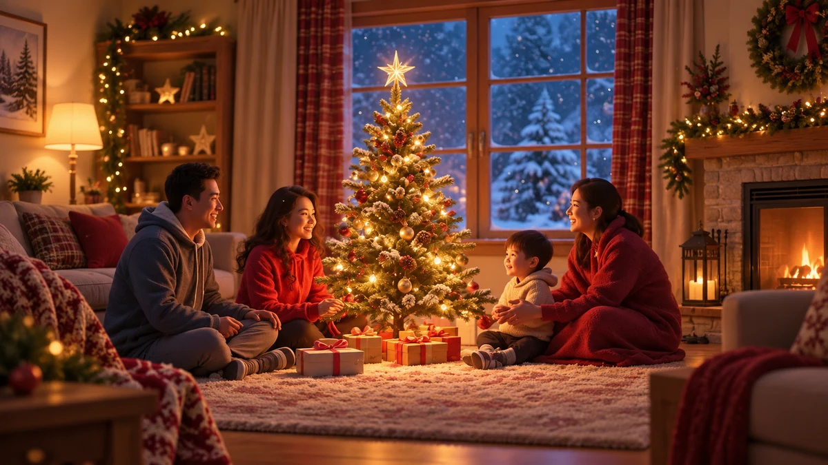 Illustration d’une famille réunie sur un tapis près du sapin de Noël Illustration d’une famille réunie sur un tapis près du sapin de Noël