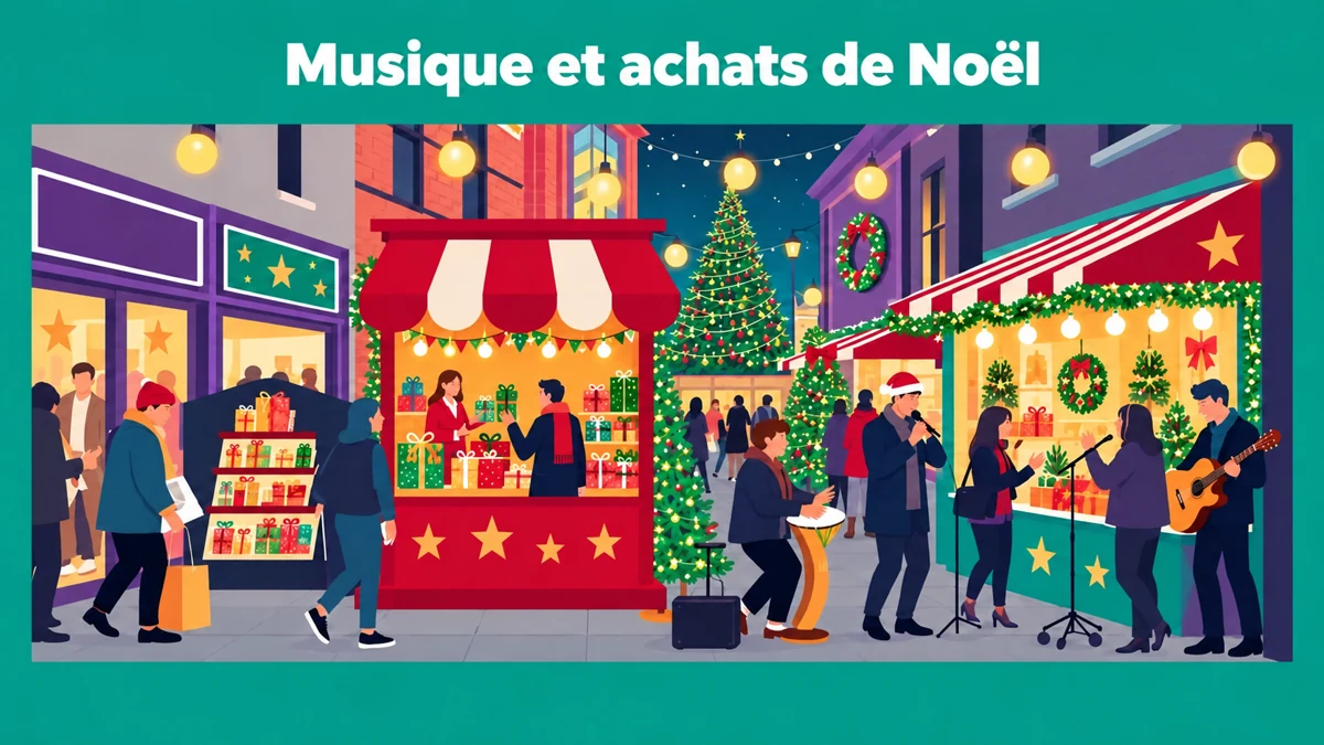Musiciens dans une rue commerçante décorée pour Noël, illustration Musiciens dans une rue commerçante décorée pour Noël, illustration