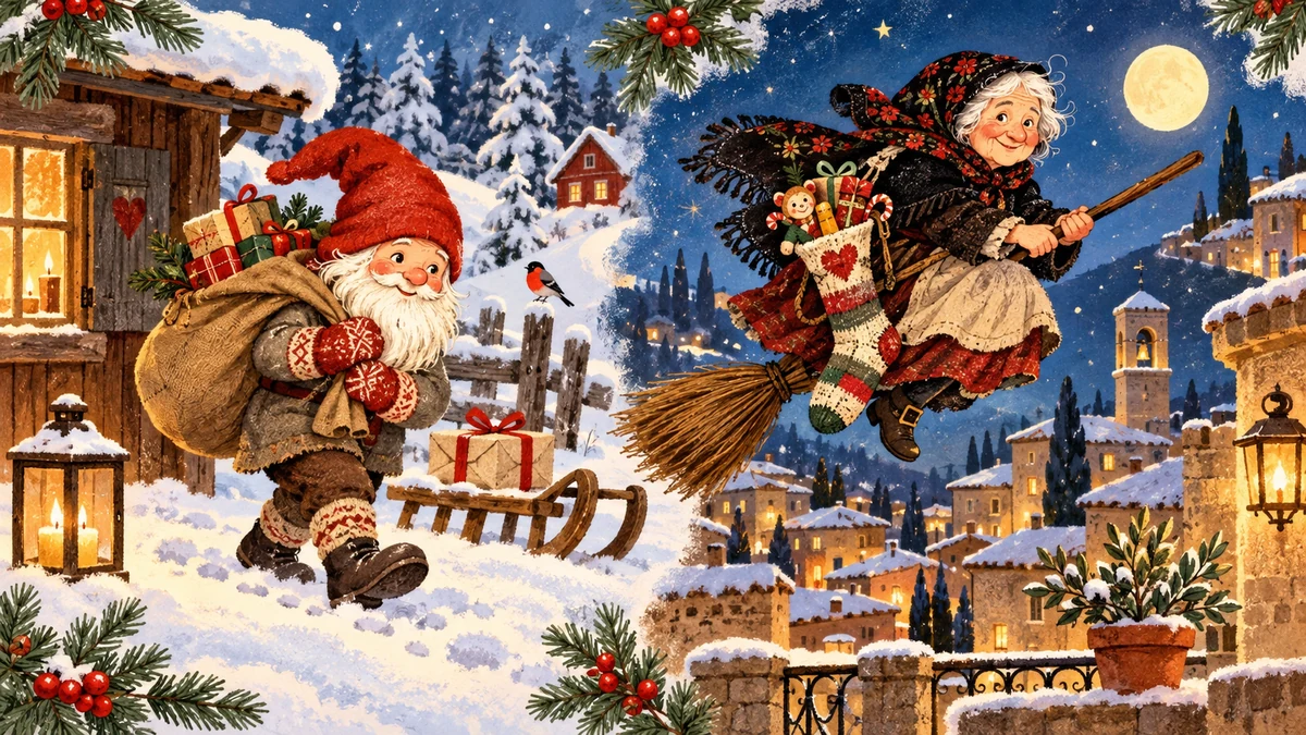 Deux scènes de conte avec un nisse et une Befana sur son balai Deux scènes de conte avec un nisse et une Befana sur son balai