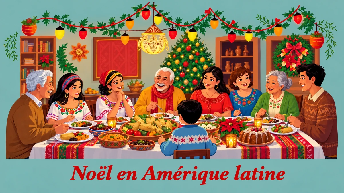 Illustration d’un repas familial avec la légende Noël en Amérique latine Illustration d’un repas familial avec la légende Noël en Amérique latine