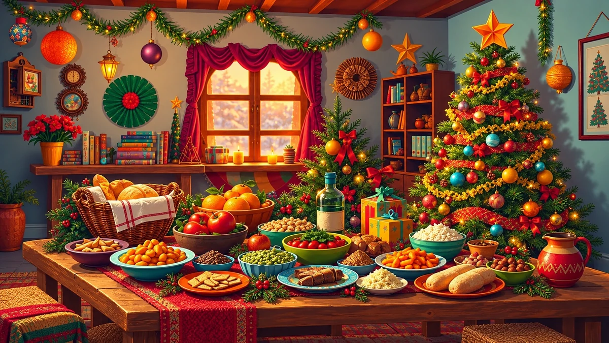 Illustration d’une table de fête et d’un sapin aux couleurs vives