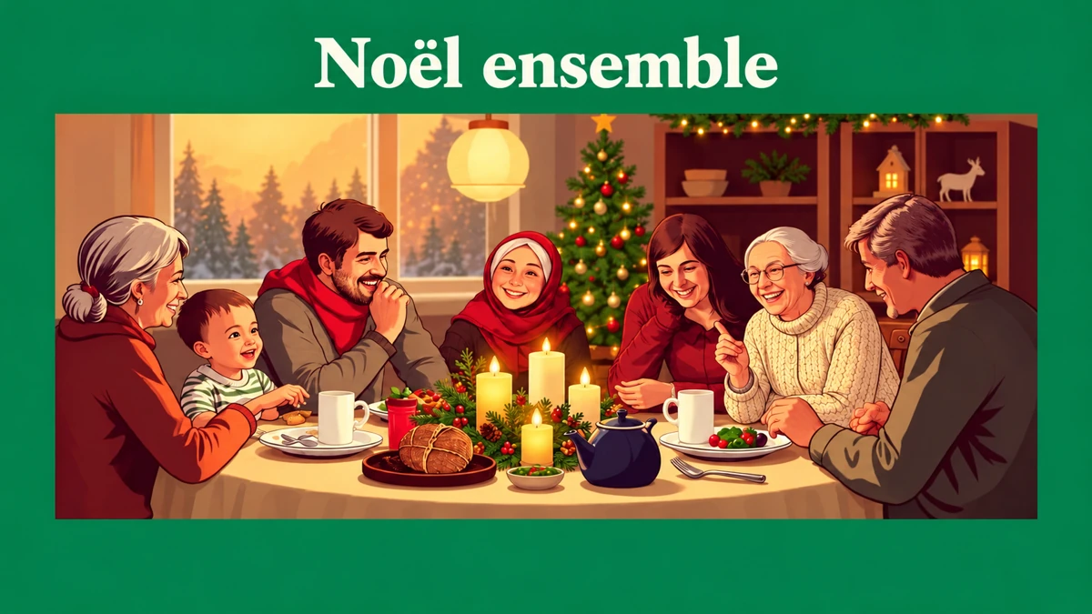 Famille réunie autour d’une table sous le titre Noël ensemble Famille réunie autour d’une table sous le titre Noël ensemble