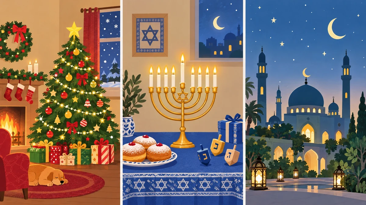 Trois scènes illustrées distinctes : décor de Noël, hanoukkia et mosquée, sans équivalence entre les fêtes Trois scènes illustrées distinctes : décor de Noël, hanoukkia et mosquée, sans équivalence entre les fêtes