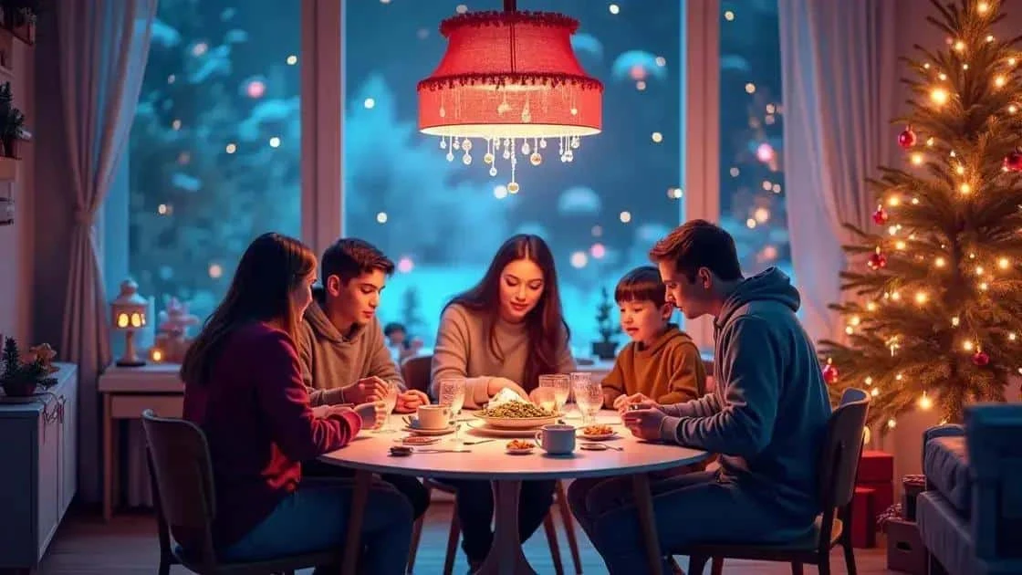 Illustration d’une famille partageant un repas près d’un sapin