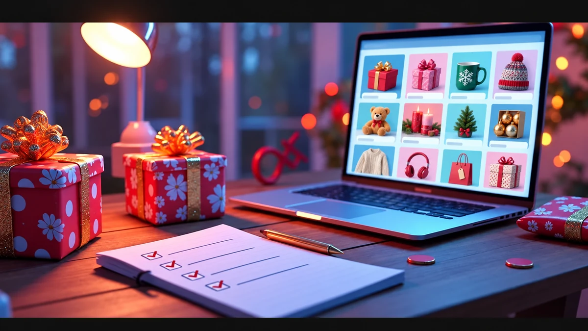 Un ordinateur et une liste sur papier pour organiser les cadeaux de Noël Un ordinateur et une liste sur papier pour organiser les cadeaux de Noël