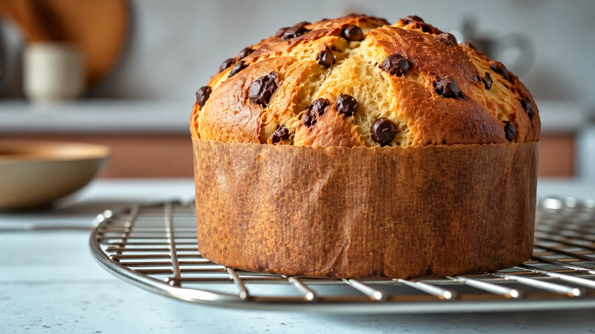 Panettone doré aux pépites de chocolat posé sur une grille
