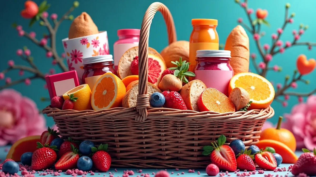 Pains, bocaux et fruits dans un panier de petit-déjeuner