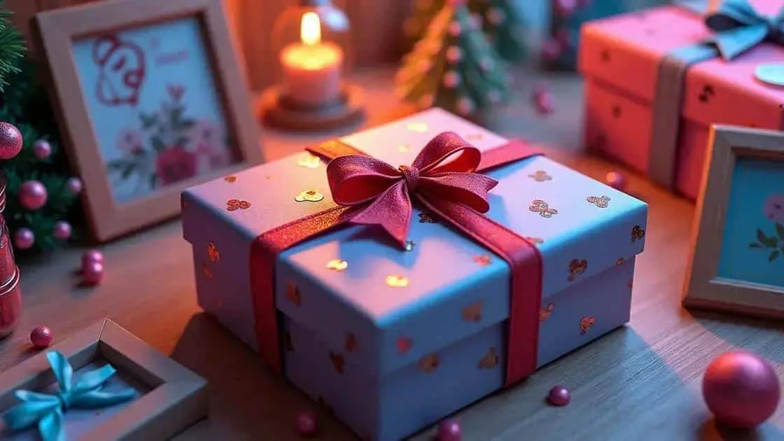 Paquet de Noël rose et bleu noué d’un ruban