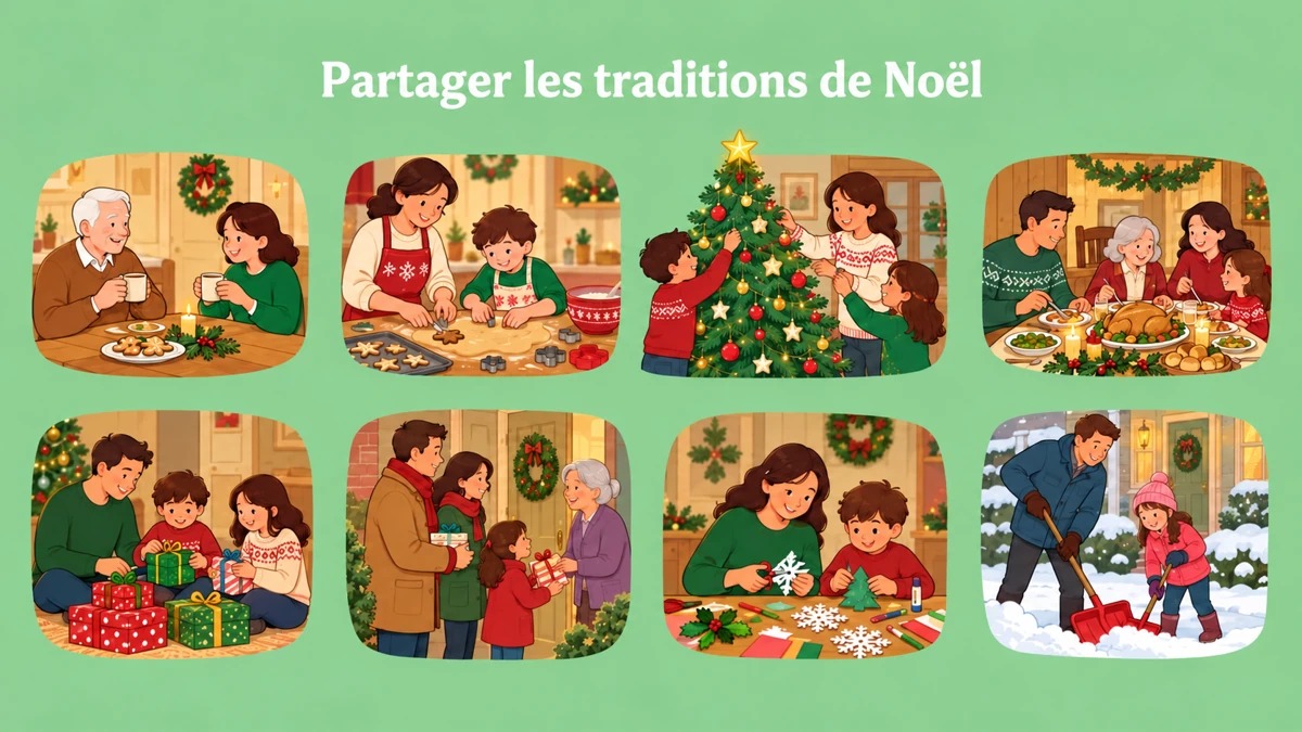 Huit scènes illustrées de préparatifs, repas et gestes partagés à Noël Huit scènes illustrées de préparatifs, repas et gestes partagés à Noël