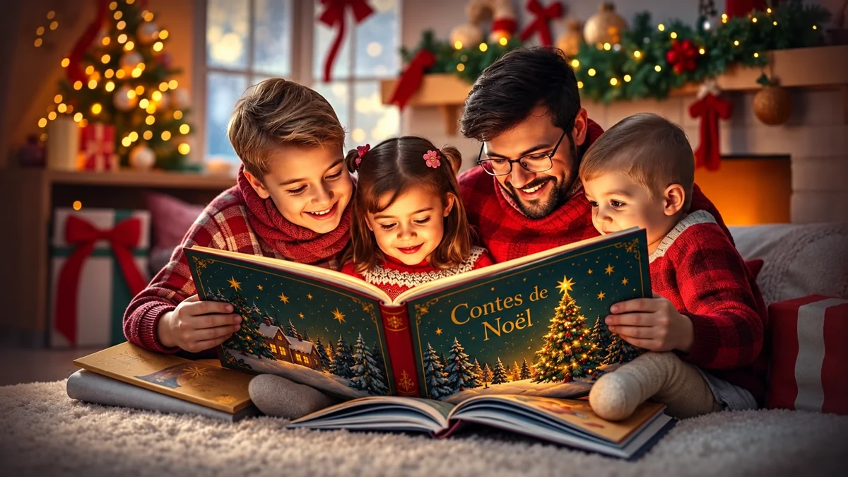 Un père et trois enfants lisent un livre intitulé Contes de Noël
