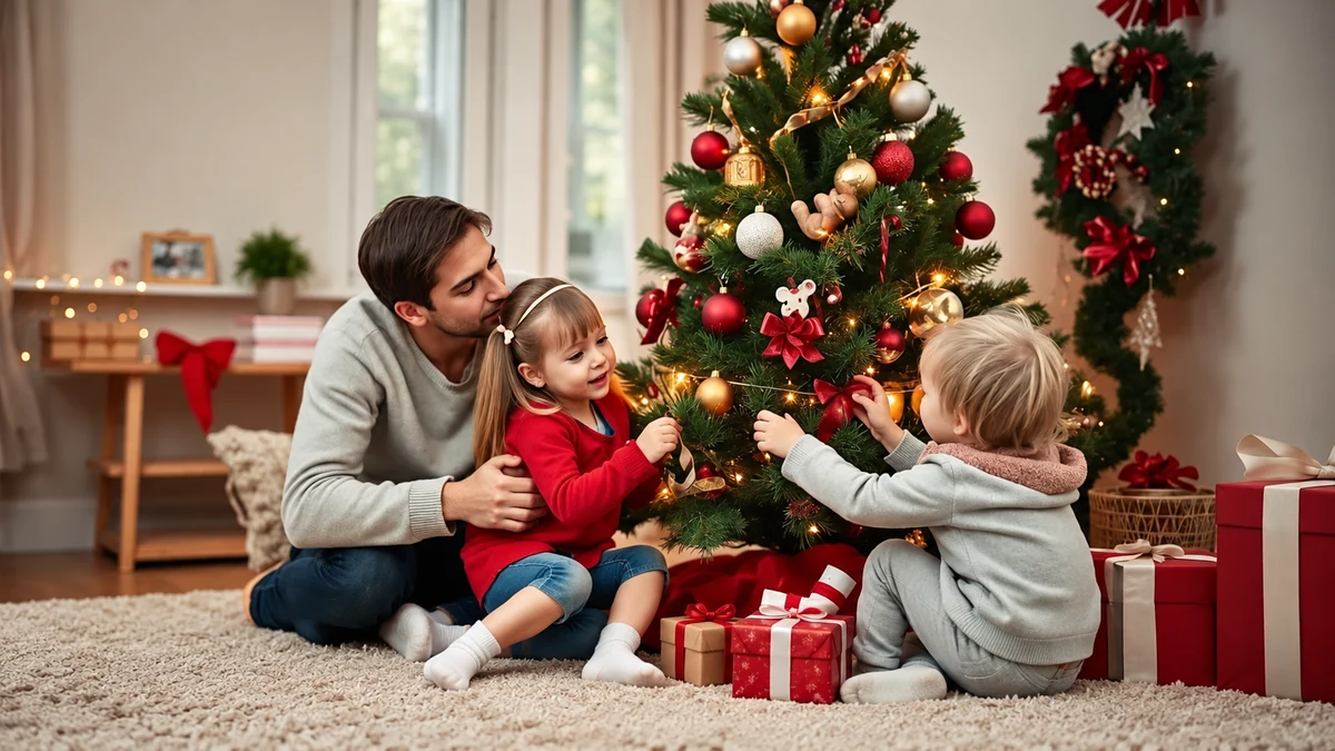 Un père accompagne deux enfants qui décorent le sapin de Noël