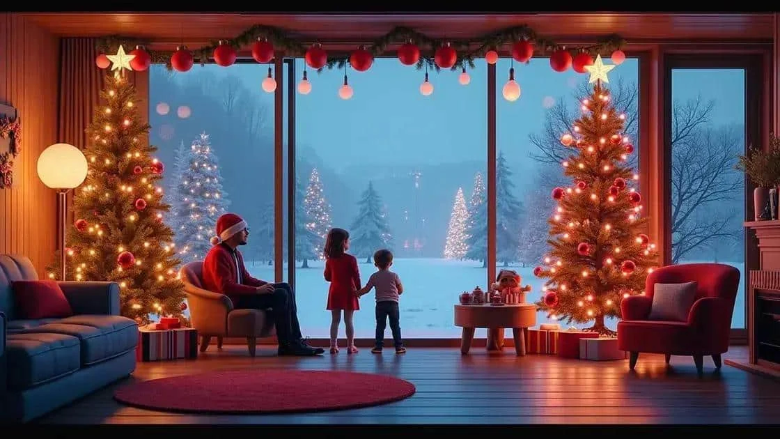 Illustration du Père Noël et de deux enfants près d’une fenêtre en hiver