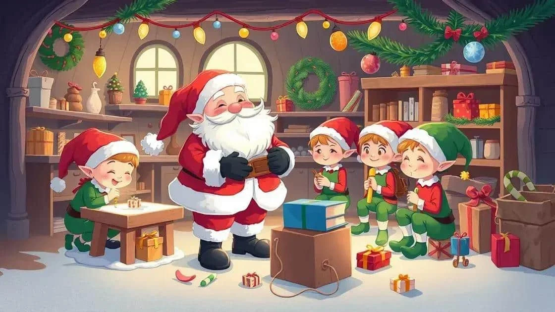 Illustration de conte montrant le Père Noël et des lutins dans un atelier de cadeaux