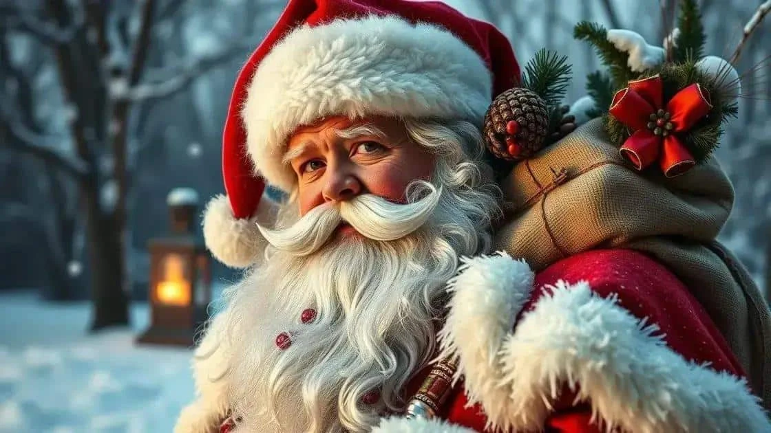 Portrait illustré du Père Noël avec son bonnet rouge et un sac de cadeaux
