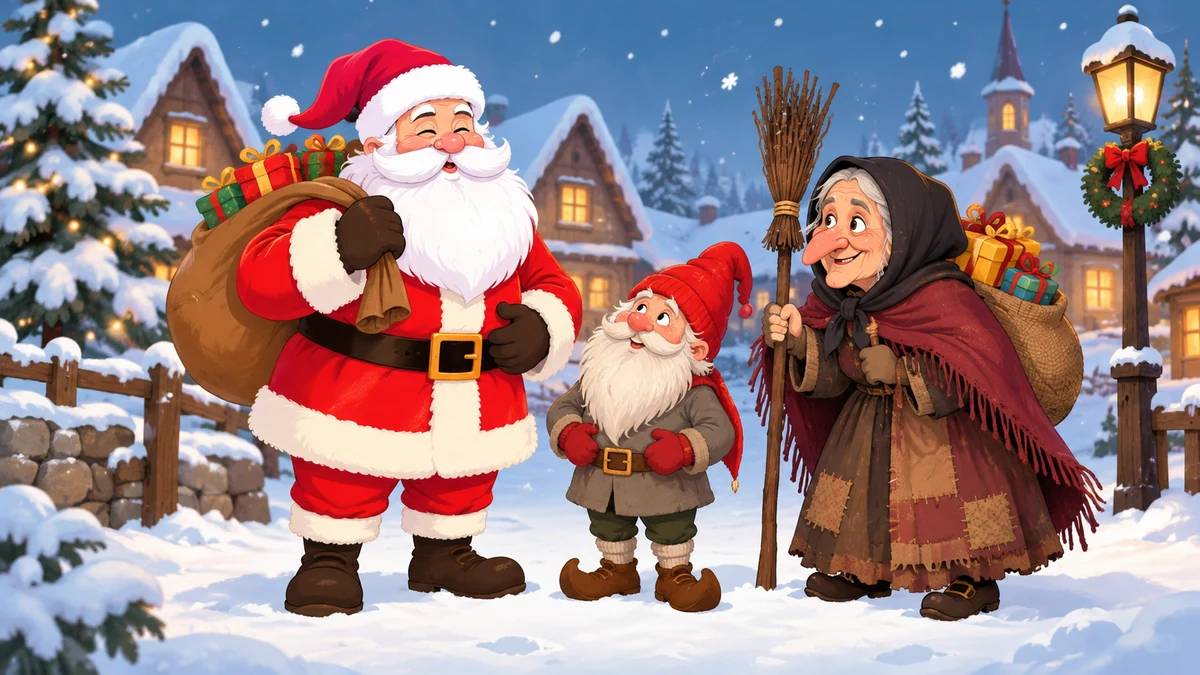 Illustration réunissant un Père Noël, un nisse et une Befana, figures de traditions différentes Illustration réunissant un Père Noël, un nisse et une Befana, figures de traditions différentes