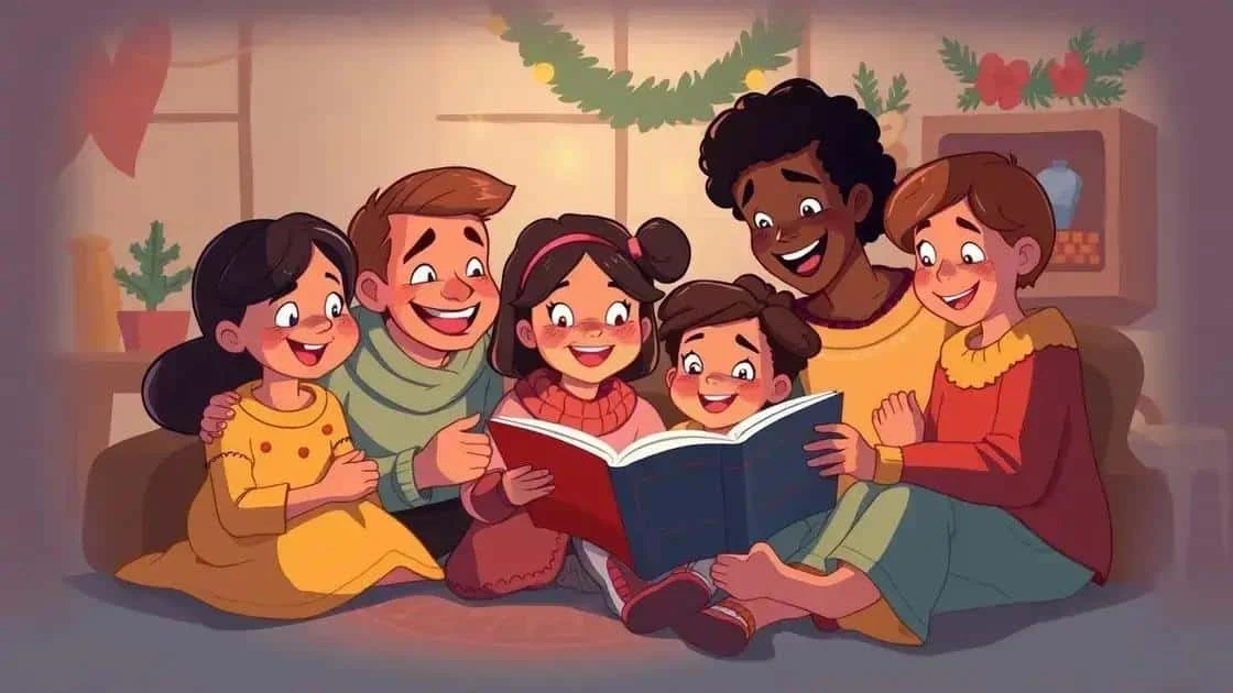 Illustration de personnages réunis autour d’un livre dans un salon de Noël
