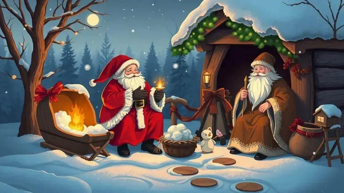 Deux personnages de conte dans un paysage enneigé, évocation imaginaire de récits de Noël Deux personnages de conte dans un paysage enneigé, évocation imaginaire de récits de Noël