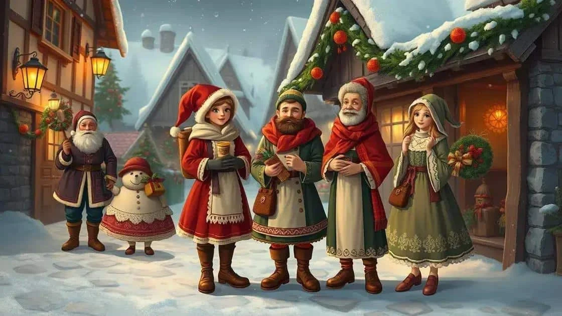 Illustration de personnages en vêtements d’hiver dans une rue décorée pour les fêtes