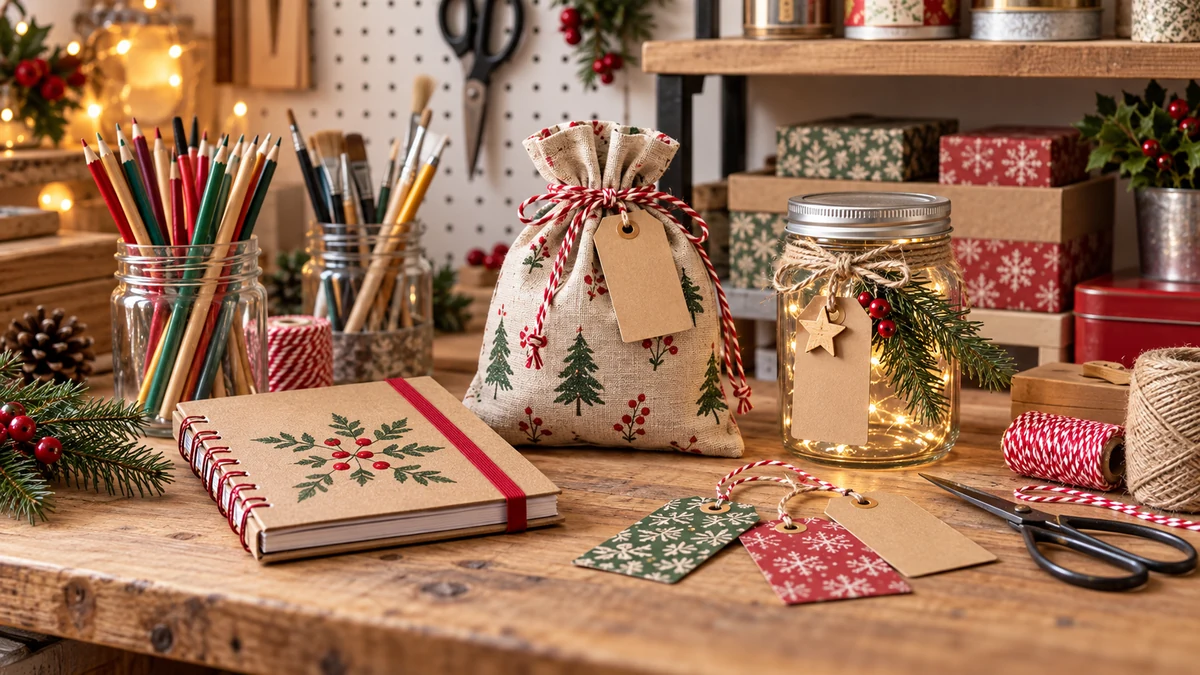 Carnet décoré, sachet en tissu et bocal lumineux sur une table créative