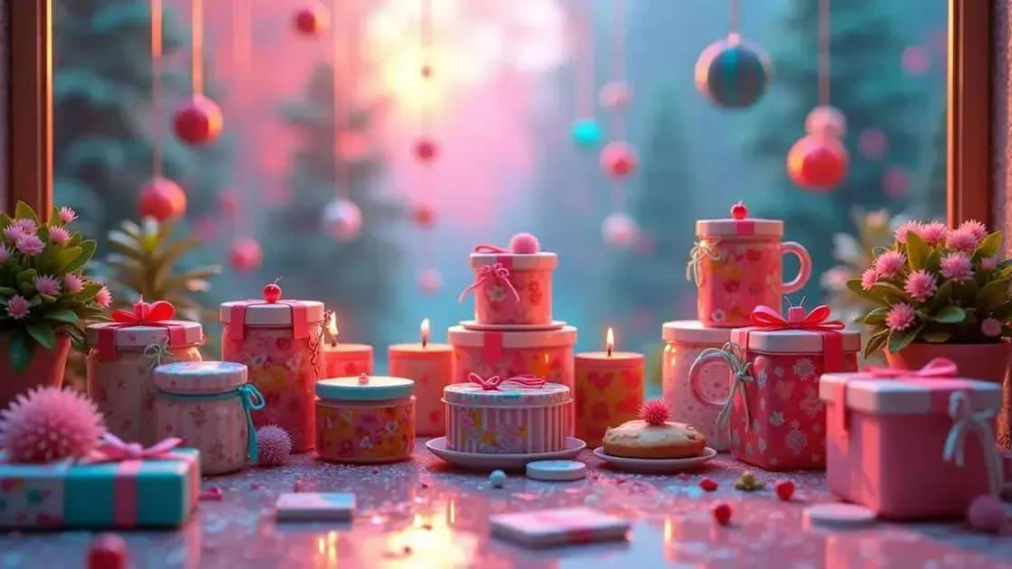 Petits cadeaux, tasses et plantes présentés sur une table festive rose Petits cadeaux, tasses et plantes présentés sur une table festive rose
