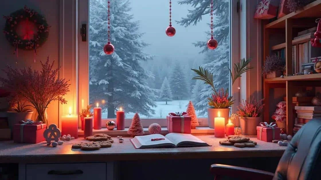 Biscuits, carnet et décorations disposés dans un espace de création de Noël Biscuits, carnet et décorations disposés dans un espace de création de Noël