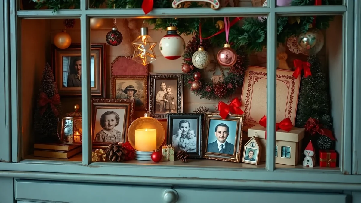 Des portraits de famille encadrés dans une vitrine décorée pour Noël