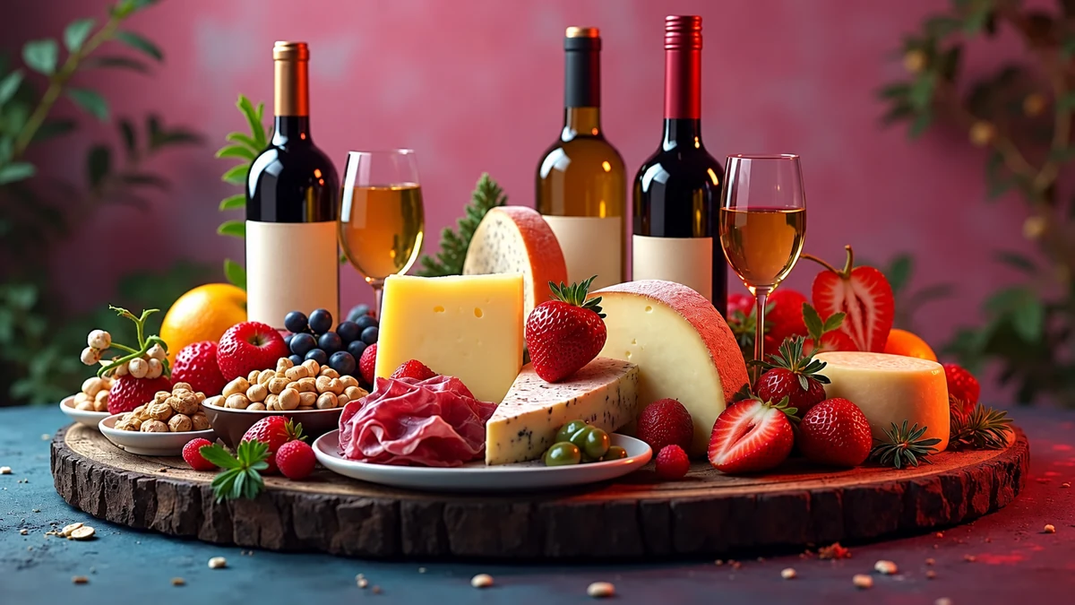 Fromages, fruits, charcuterie et bouteilles disposés sur un plateau