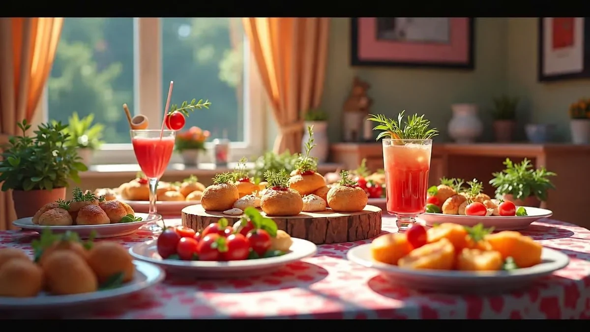 Plateaux de bouchées apéritives et boissons aux fruits sur une table lumineuse Plateaux de bouchées apéritives et boissons aux fruits sur une table lumineuse