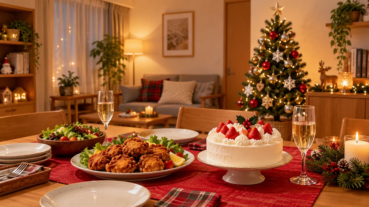 Table de Noël illustrative avec poulet frit, gâteau aux fraises et sapin dans un intérieur contemporain