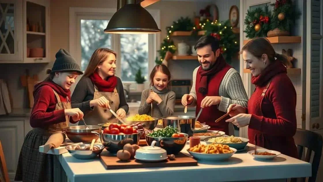 Adultes et enfants préparent des plats ensemble dans une cuisine décorée