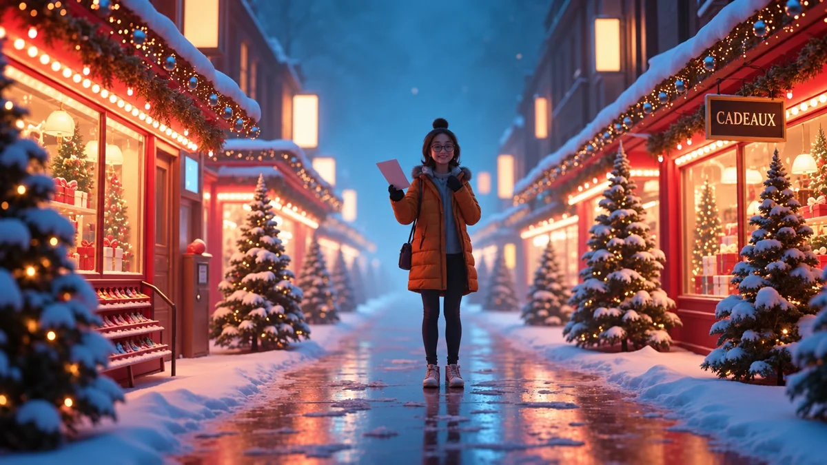 Une personne consulte sa liste dans une rue commerçante enneigée décorée pour Noël Une personne consulte sa liste dans une rue commerçante enneigée décorée pour Noël