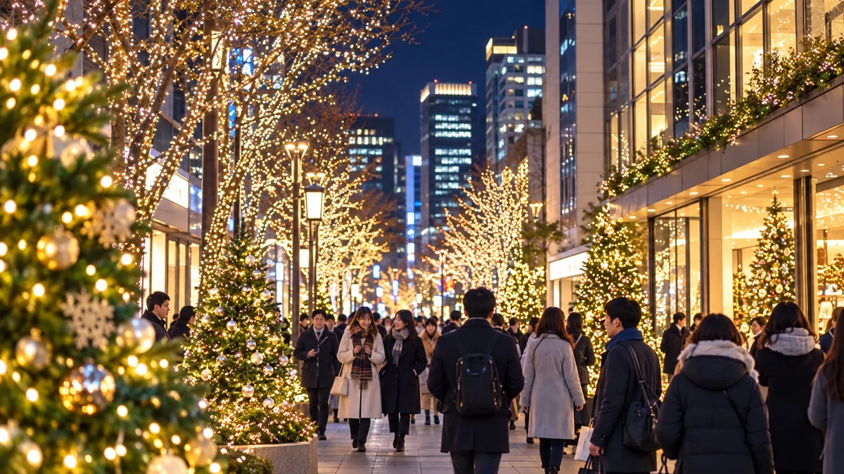 Illustration d’une promenade sous les illuminations d’hiver au Japon Illustration d’une promenade sous les illuminations d’hiver au Japon