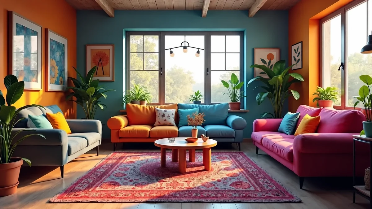 Illustration d’un salon coloré avec un tableau botanique Illustration d’un salon coloré avec un tableau botanique