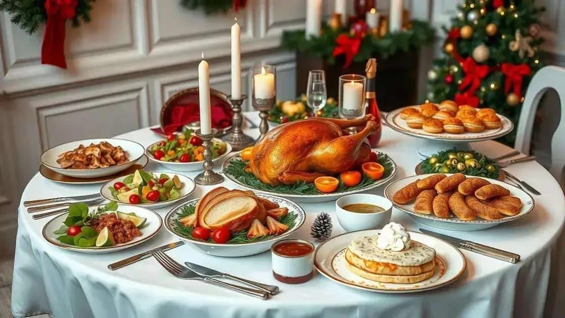Repas de Noël avec volaille, salades, desserts et boissons Repas de Noël avec volaille, salades, desserts et boissons