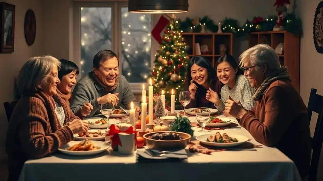 Famille réunie autour d’un repas de Noël dans une pièce décorée