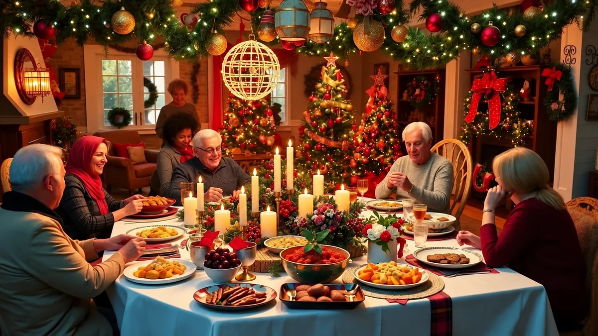 Des convives autour d’une table de fête dans une pièce décorée pour Noël