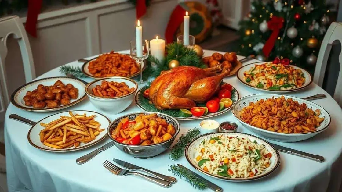 Repas de Noël avec une dinde rôtie et plusieurs accompagnements