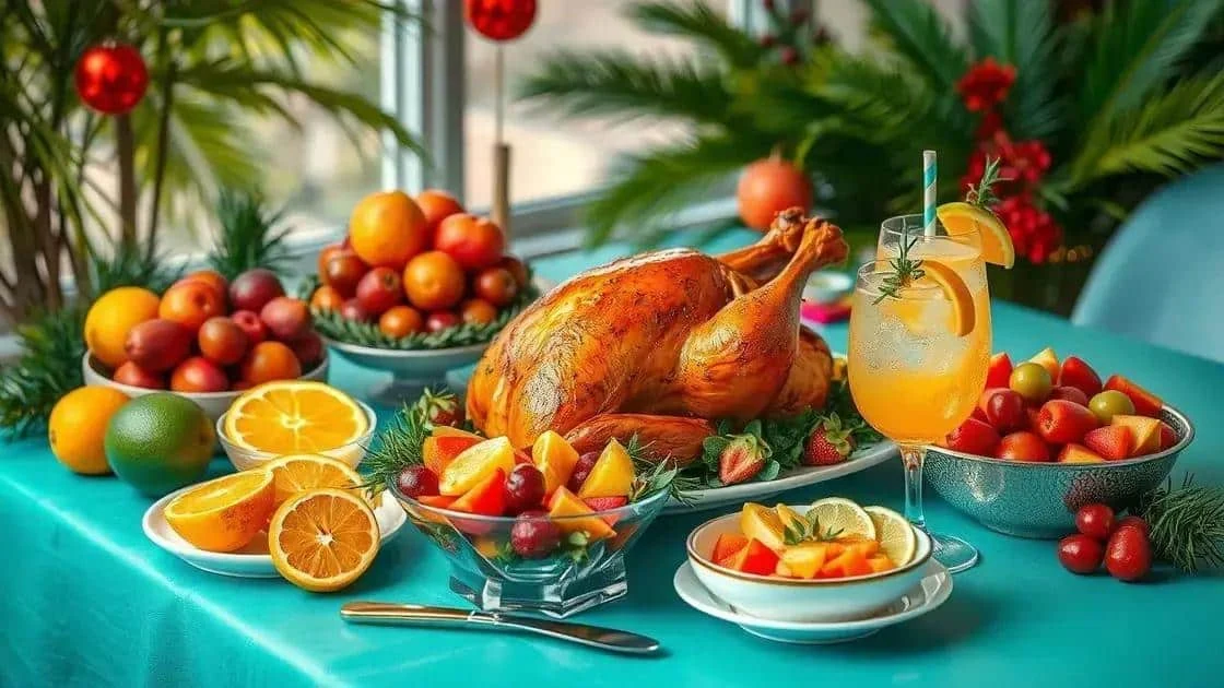 Dinde rôtie, agrumes et boisson aux fruits sur une table de fête