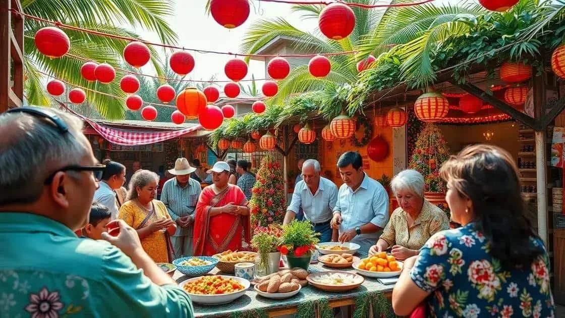 Convives autour d’un buffet sous des palmiers et des décorations de fête