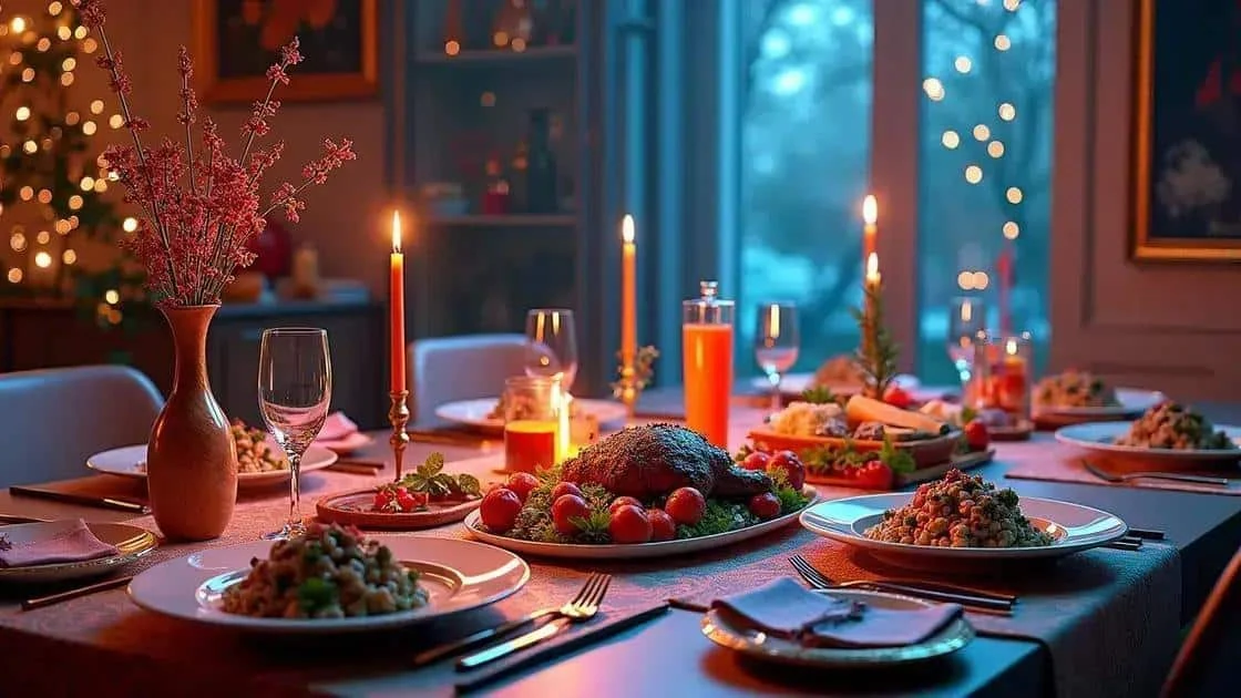 Un plat rôti et ses accompagnements sur une table de Noël