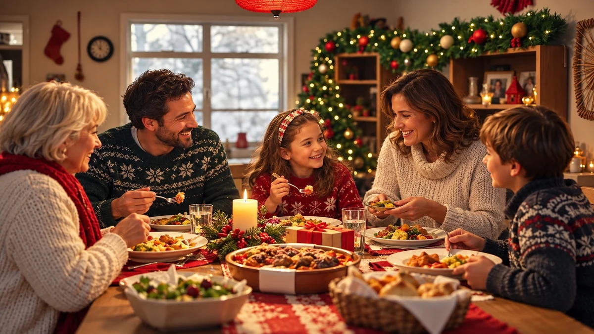 Une famille partage un repas dans une pièce décorée pour Noël