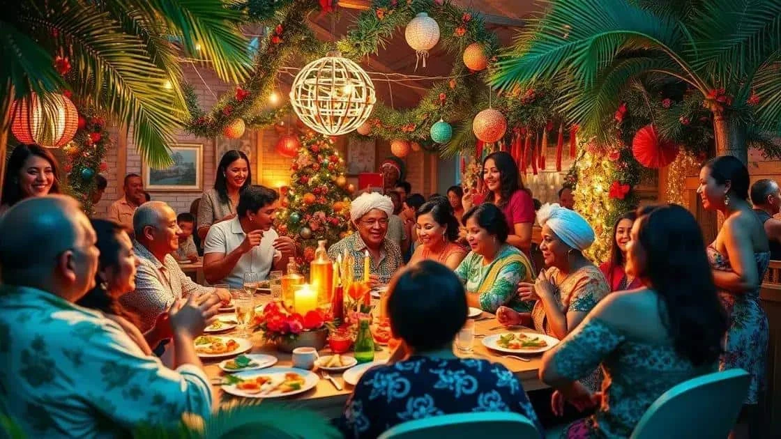 Scène illustrative de retrouvailles autour d’une table de Noël au décor tropical