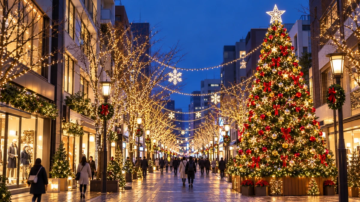 Illustration d’une rue commerçante japonaise illuminée pour Noël Illustration d’une rue commerçante japonaise illuminée pour Noël