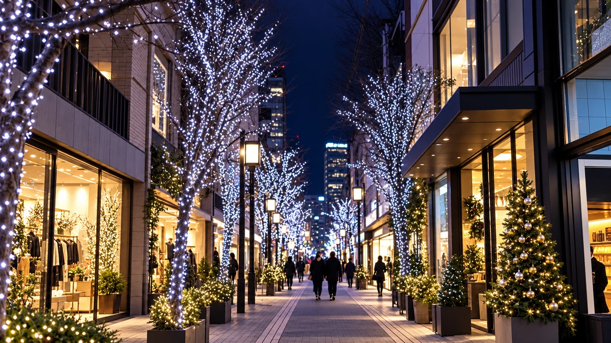 Illustration d’une rue japonaise décorée de guirlandes lumineuses Illustration d’une rue japonaise décorée de guirlandes lumineuses