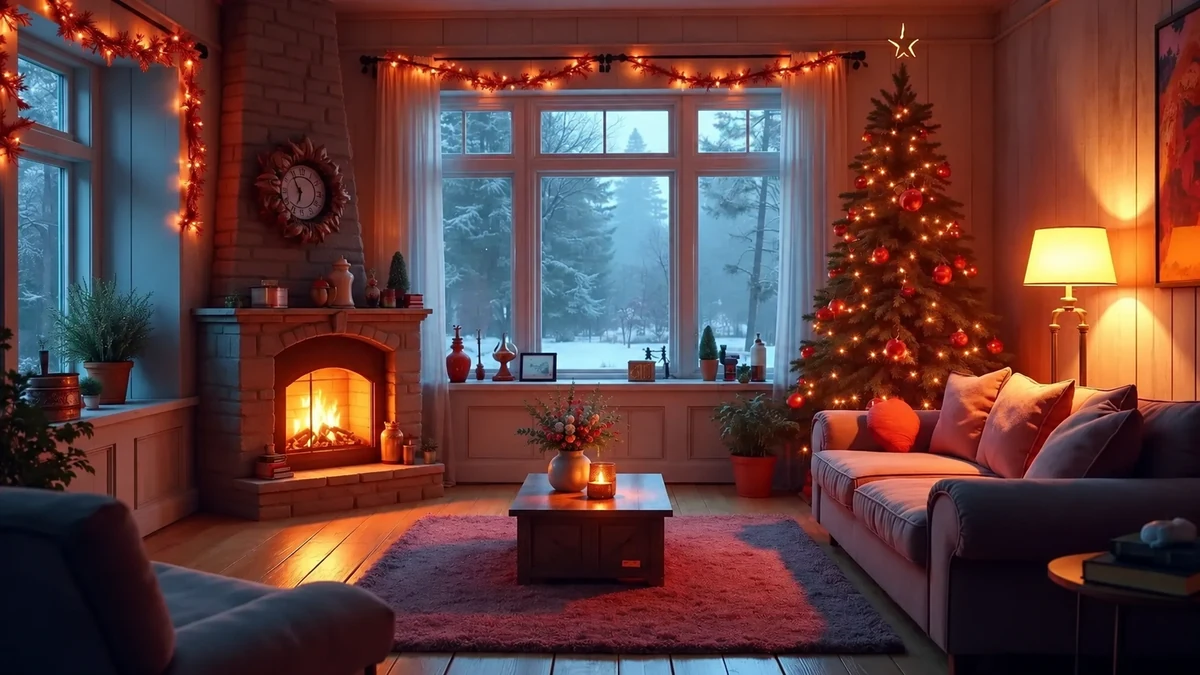 Illustration d’un salon chaleureux avec une cheminée Illustration d’un salon chaleureux avec une cheminée