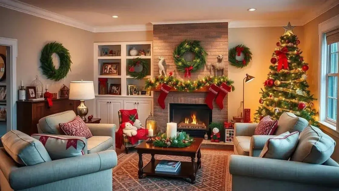 Un salon décoré de couronnes, de guirlandes et d’un sapin de Noël